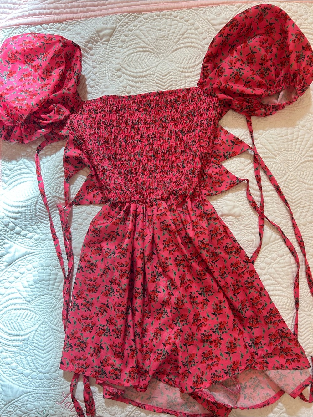 Smocked Puff Sleeve Floral Romper in Bright Pink